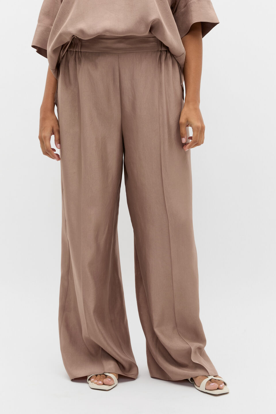 Crinkled Satin Palazzo Pant  Nutmeg