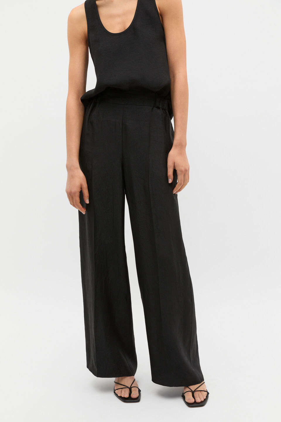 Crinkled Satin Palazzo Pant  Black