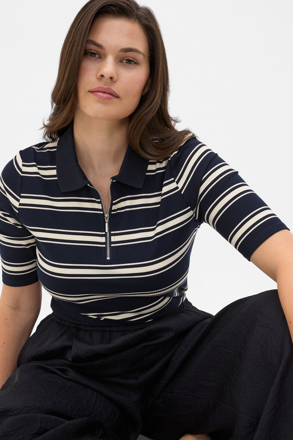 Variegated Rib Polo Top  Twilight Blue Stripe