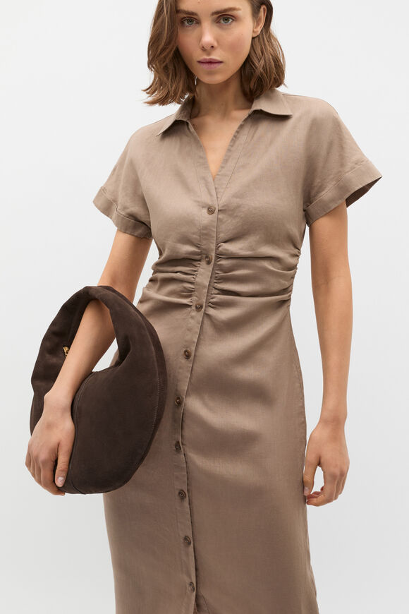 Linen Ruched Shirt Dress  Nutmeg  hi-res