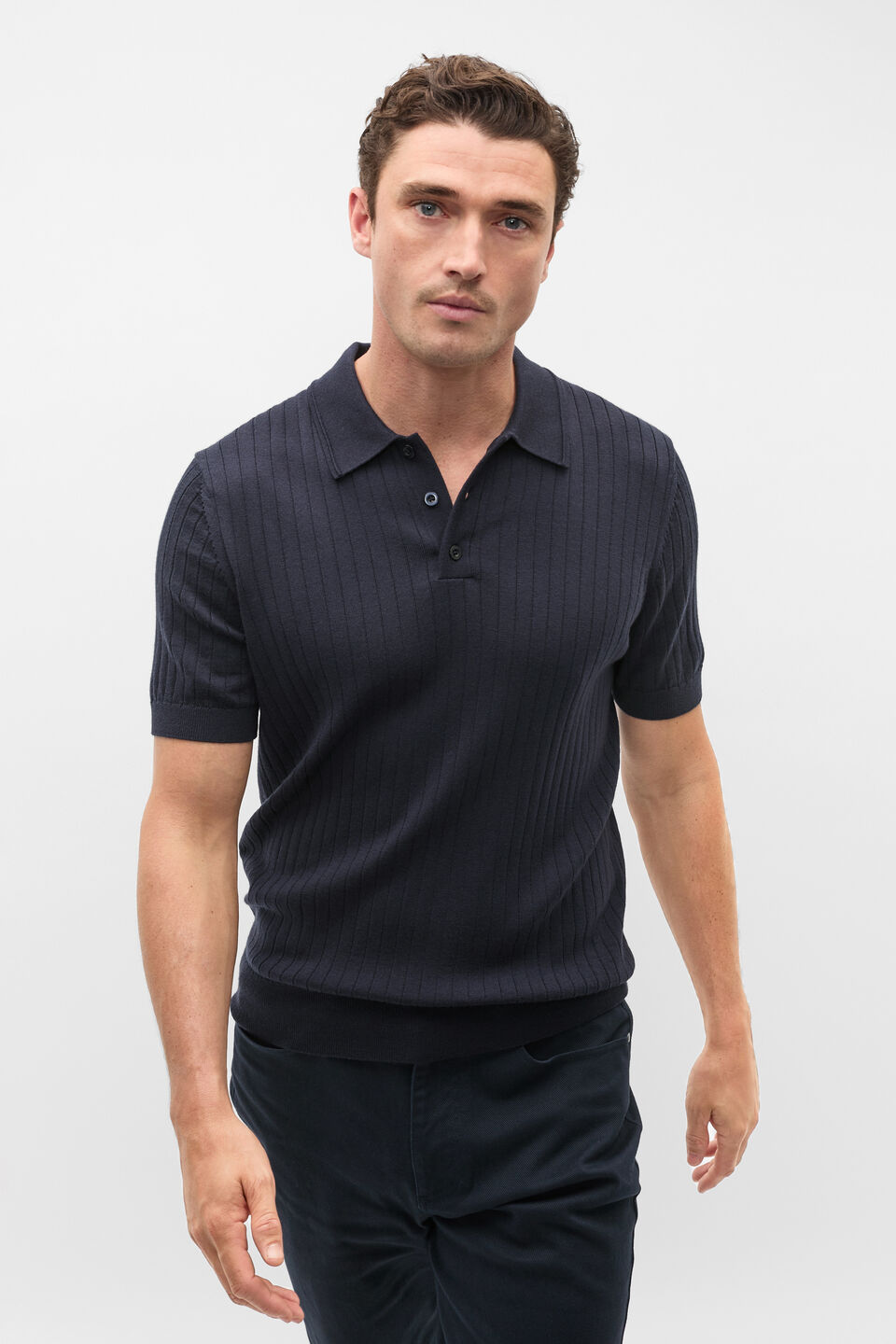 Short Sleeve Merino Knit Polo  Midnight Blue