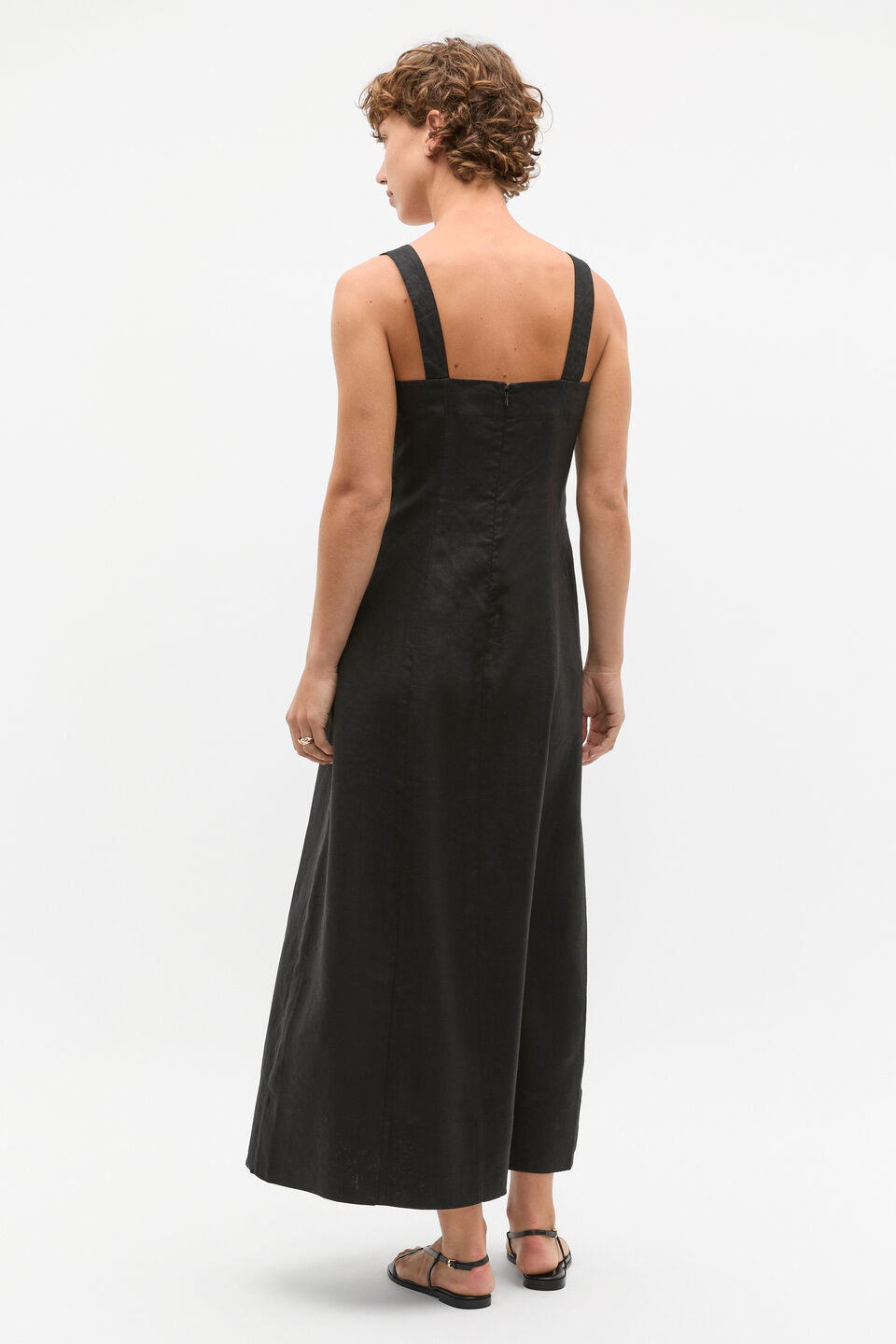 Linen Square Neck Button Midi Dress  Black