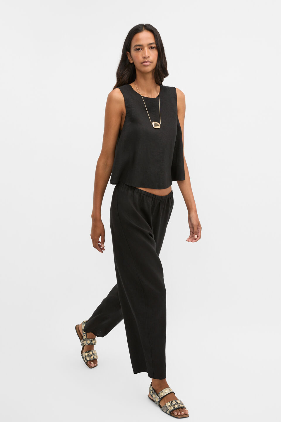 Linen Barrel Leg Elasticated Pant  Black