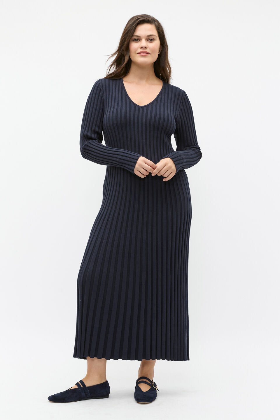 Pleated V Neck Knit Dress  Twilight Blue