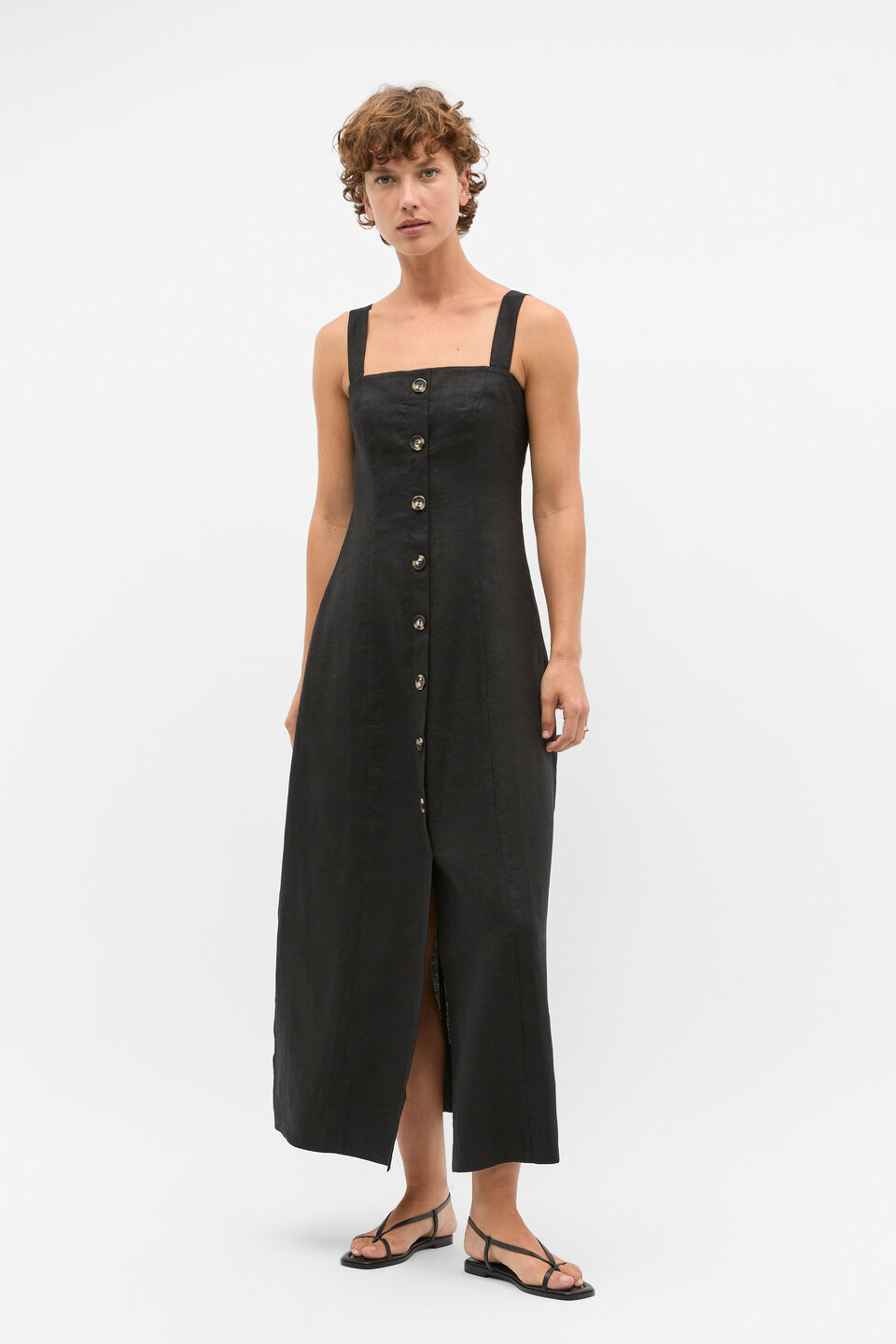 Linen Square Neck Button Midi Dress  Black