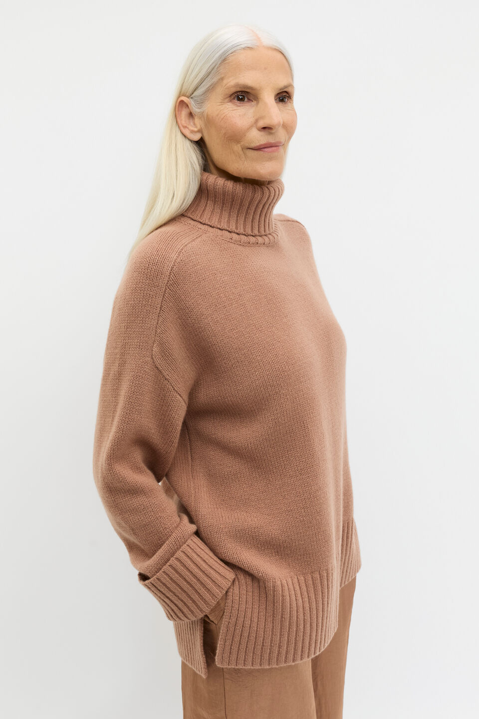 Merino Wool Roll Neck Side Split Knit  Amaretto