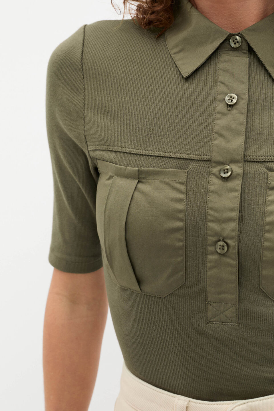 Contrast Placket Polo Top  Olive Leaf
