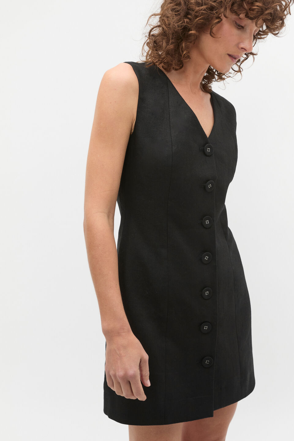 Linen V Neck Button Mini Dress  Black