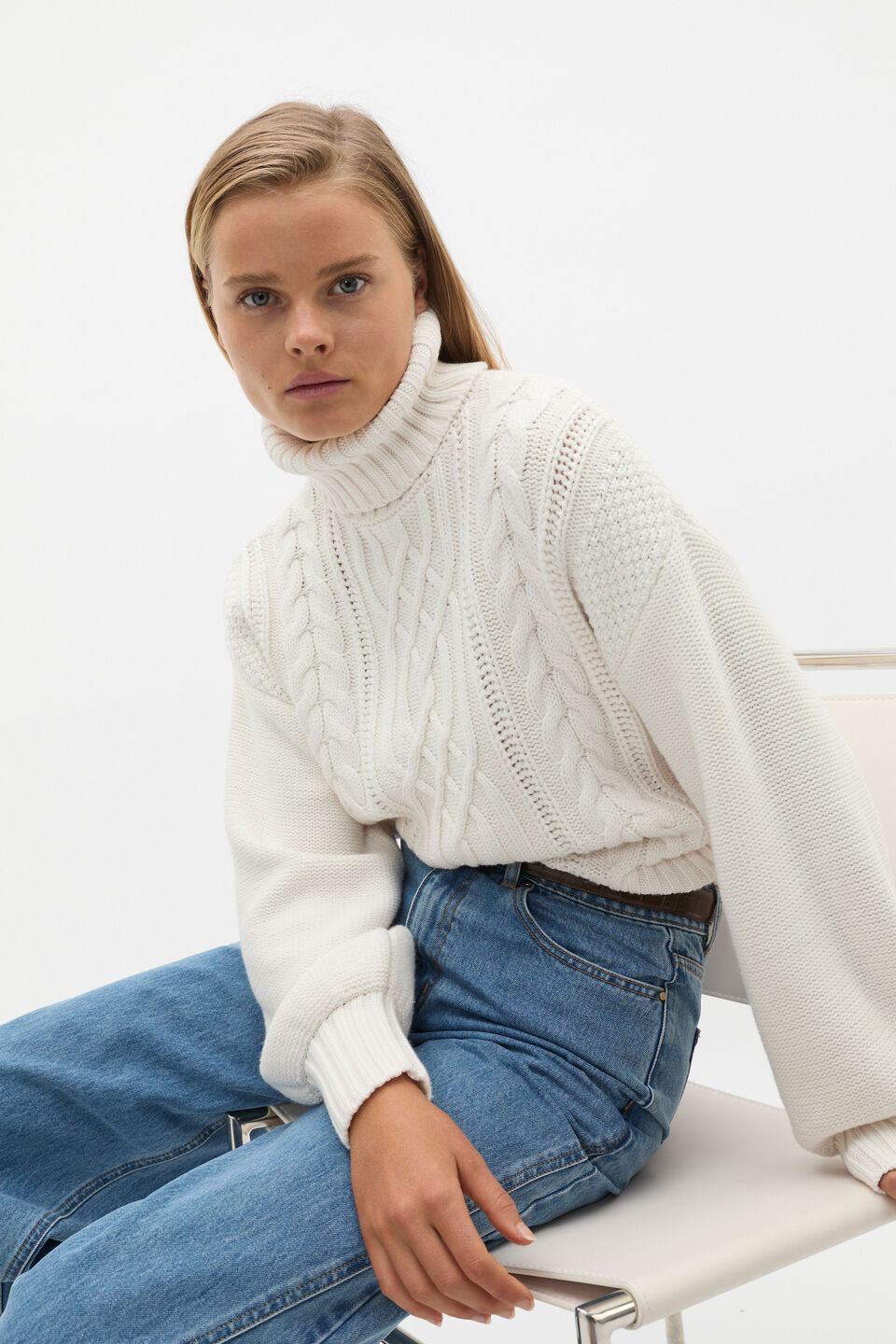 Cable Slouch Roll Neck Knit  Cloud Cream
