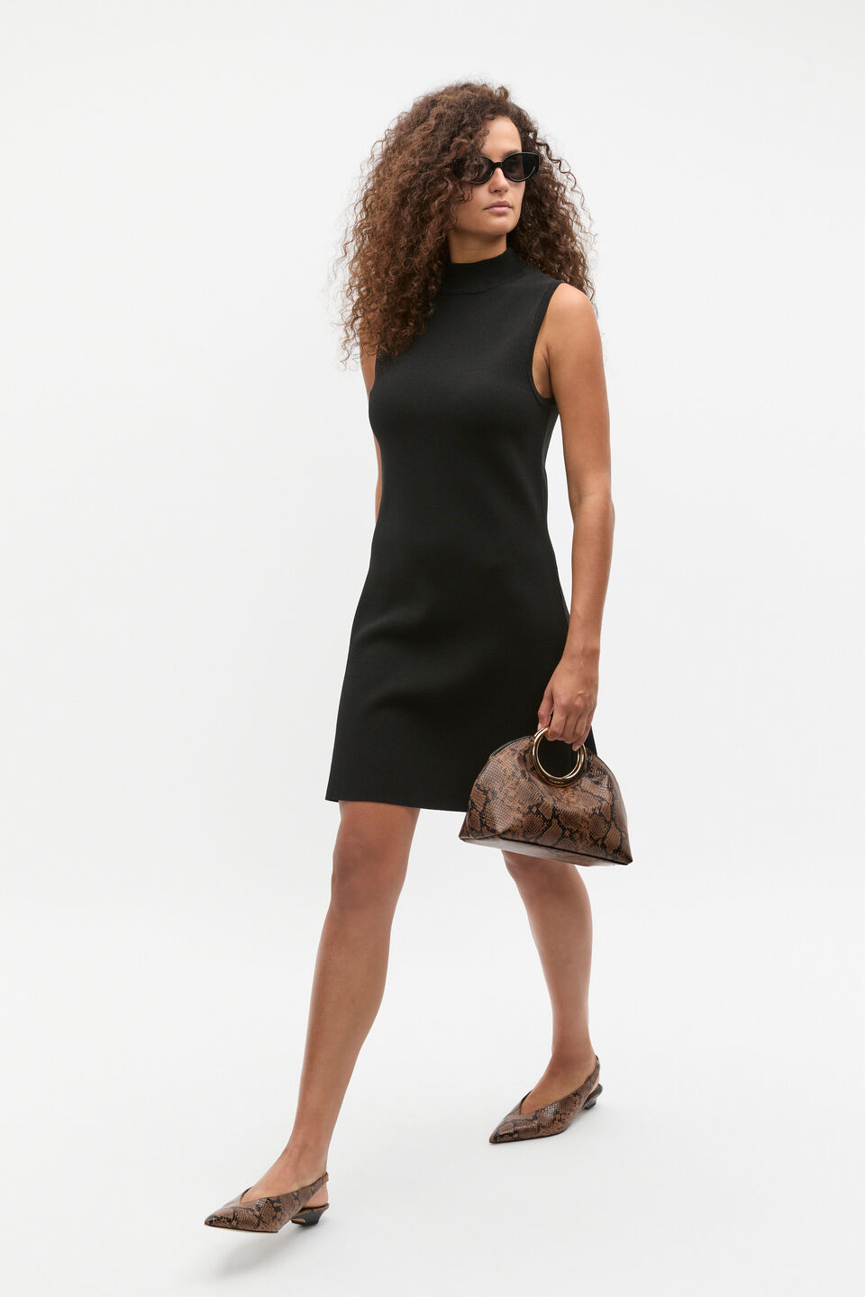 Crepe Knit Mock Neck Mini Dress  Black