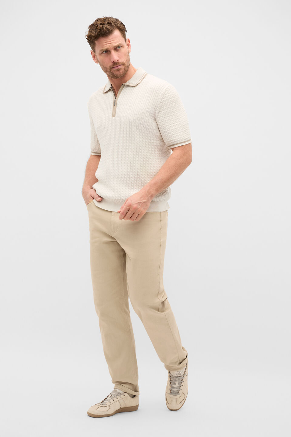 Zipped Cable Knit Polo  Pebble
