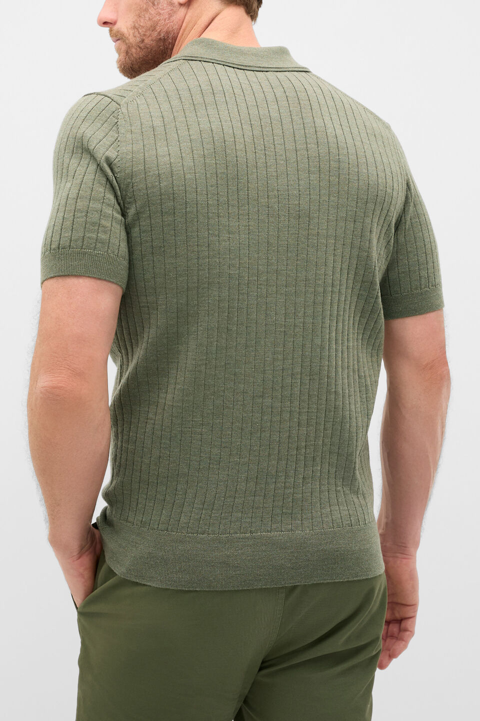 Short Sleeve Merino Knit Polo  Olive Marle