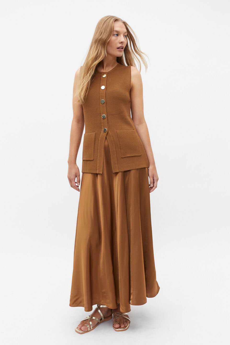 Crepe Rib Button Down Vest  Cinnamon Spice