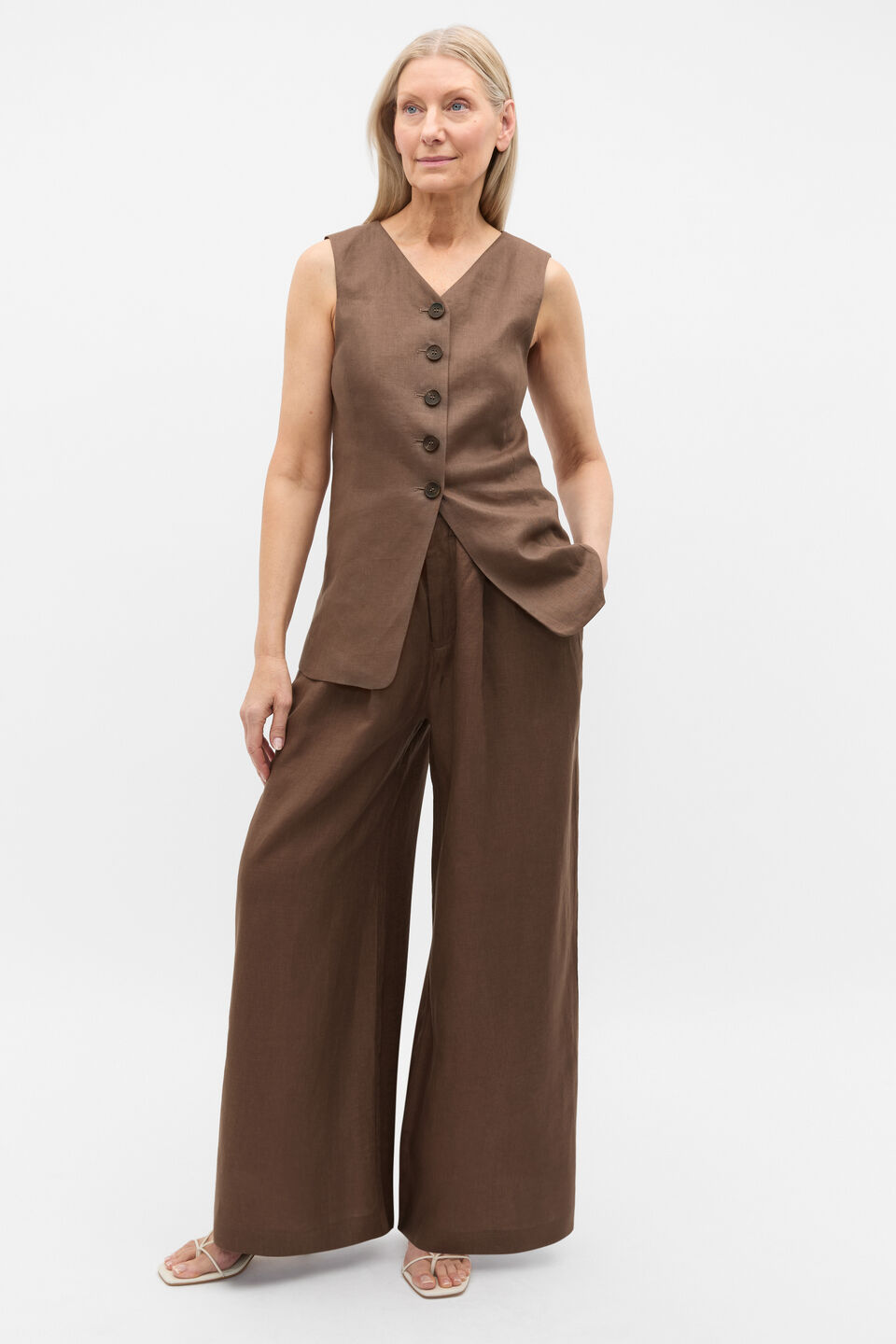 Linen Longline Button Vest  Pinecone