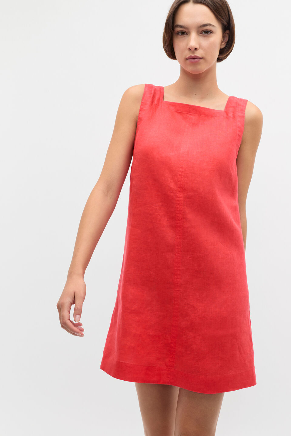 Linen Square Neck Mini Dress  Electric Crimson