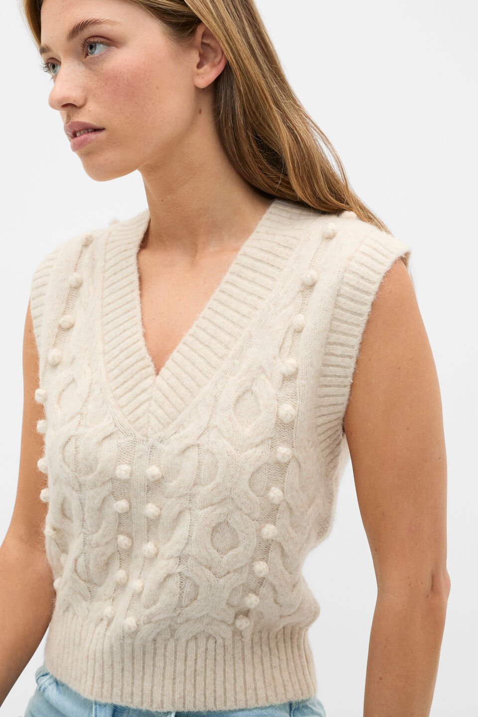 Pom Pom Cable Knit Vest  Mist Marle