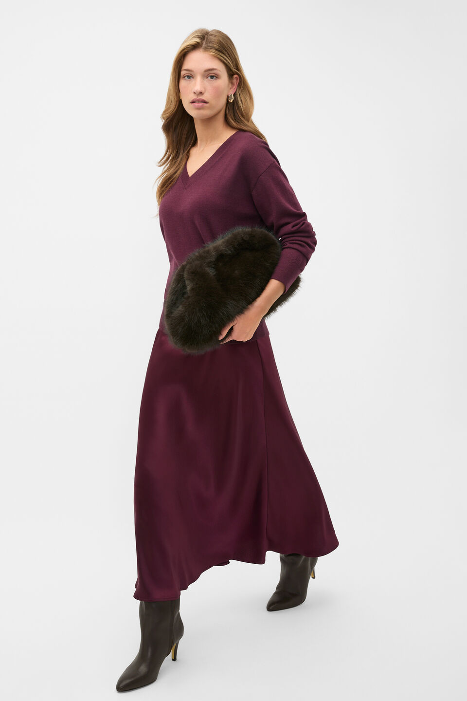 Satin Midi Skirt  Plum Red