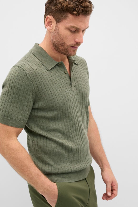 Short Sleeve Merino Knit Polo  Olive Marle  hi-res