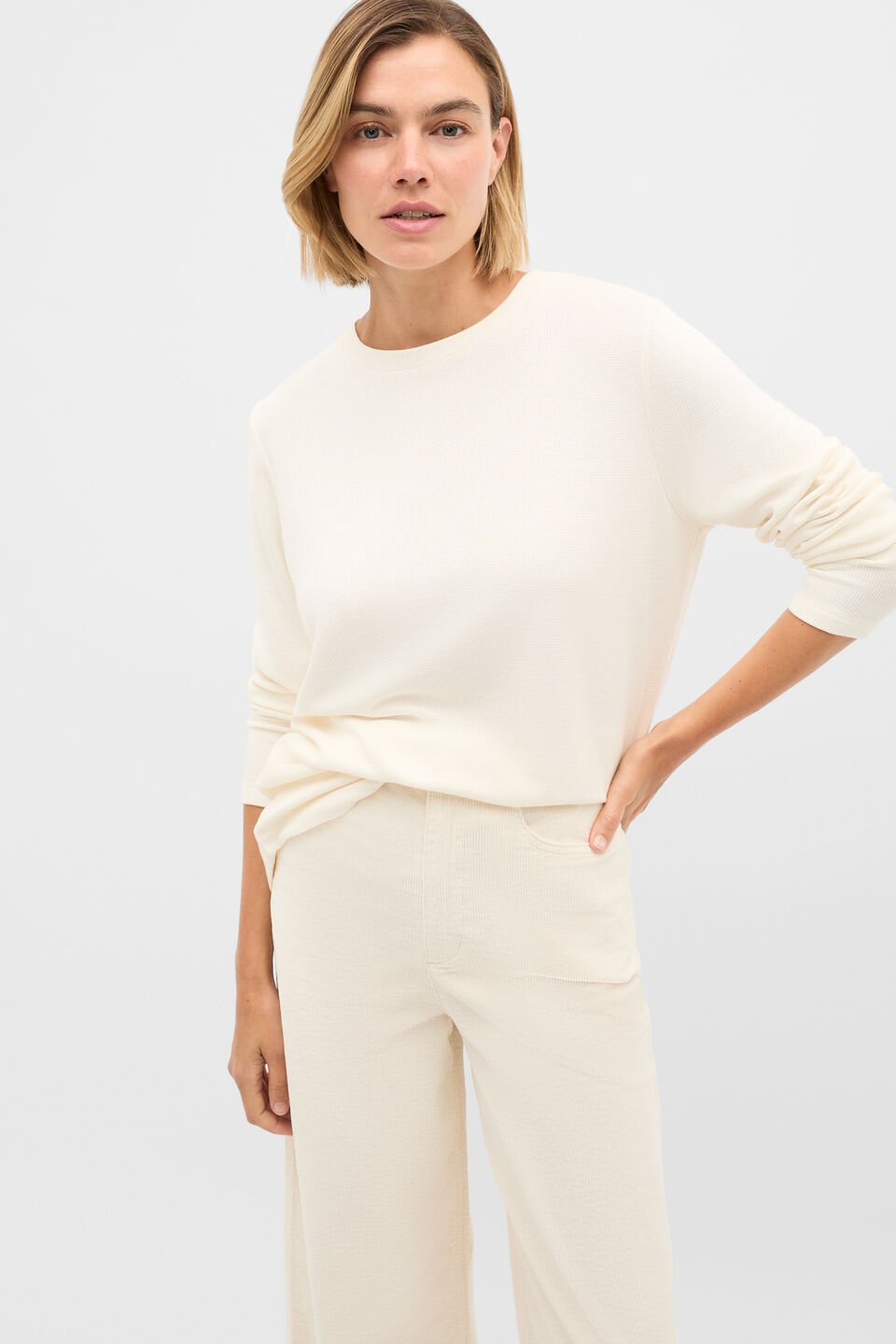 Micro Waffle Crew Neck Top  Coconut Cream