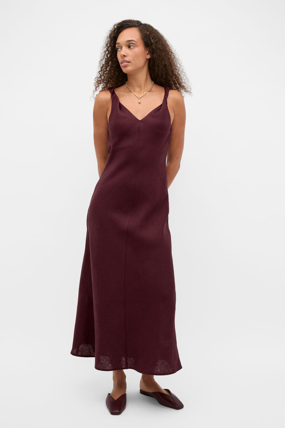 Linen Twist Shoulder Maxi Dress  Plum Red