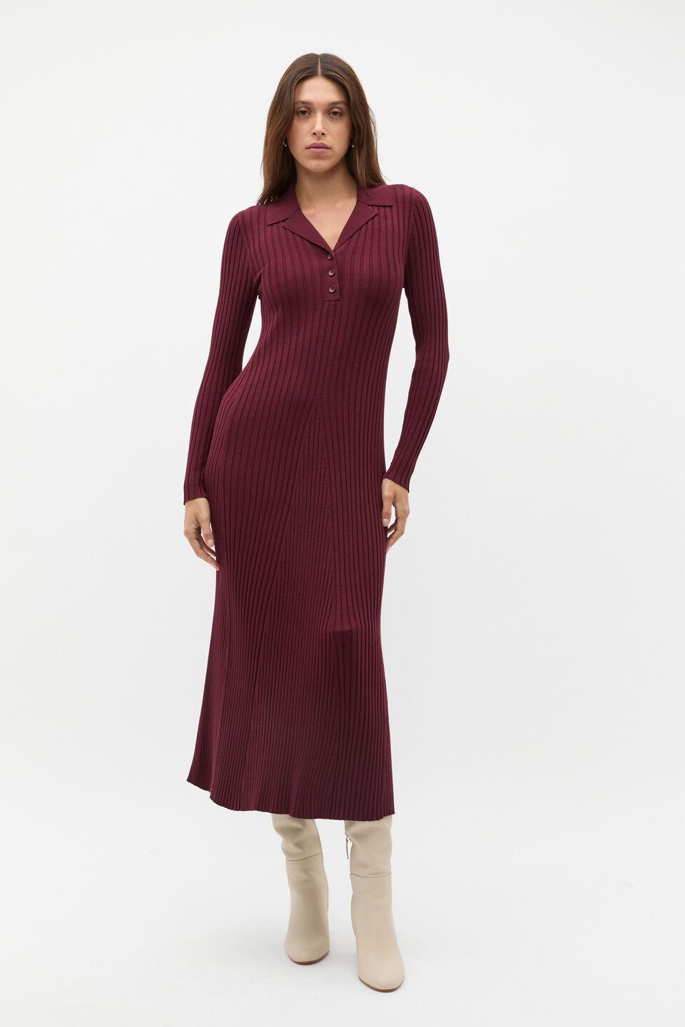 Rib Polo Knit Midi Dress  Plum Red