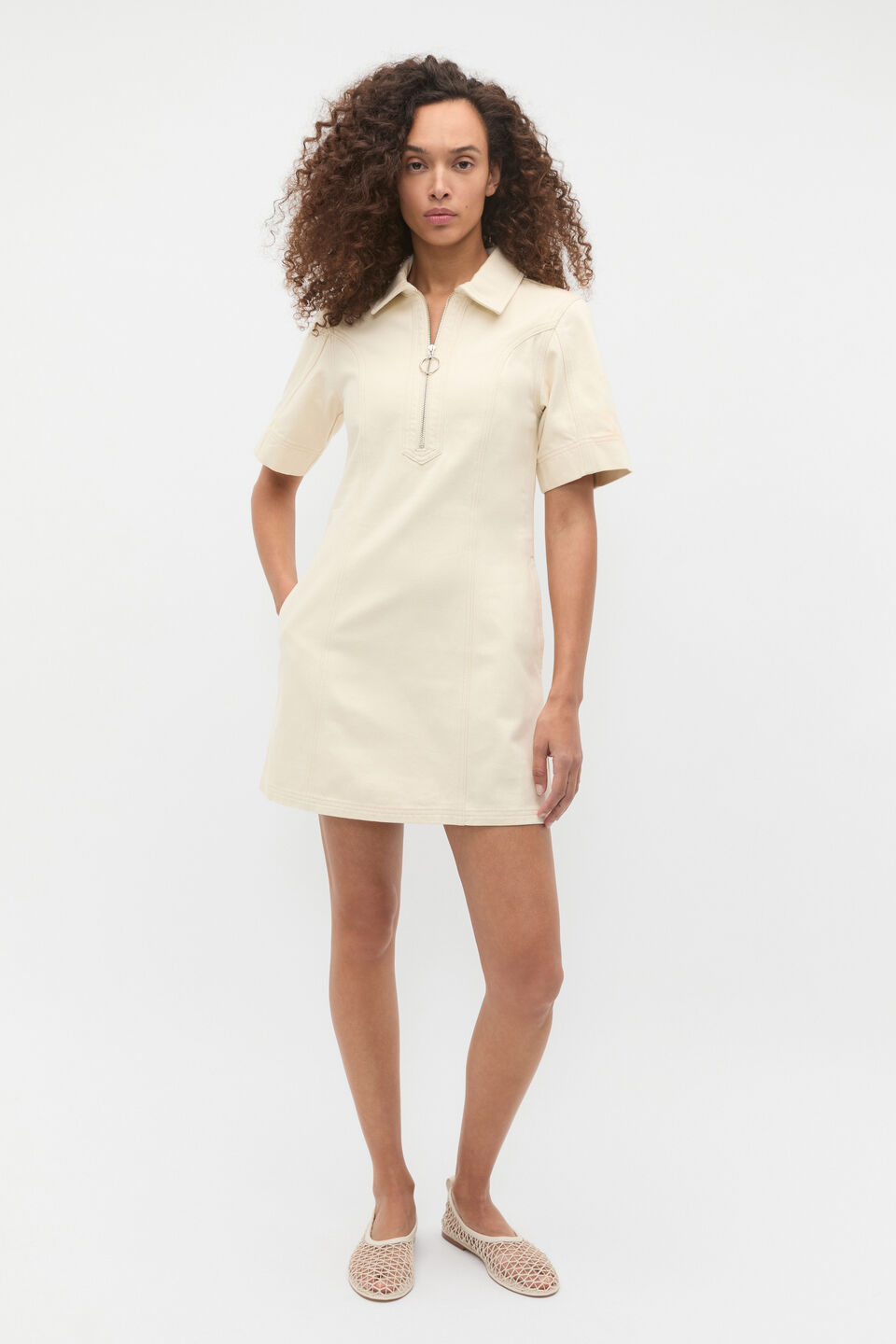 Denim Zip Mini Shirt Dress  Tofu