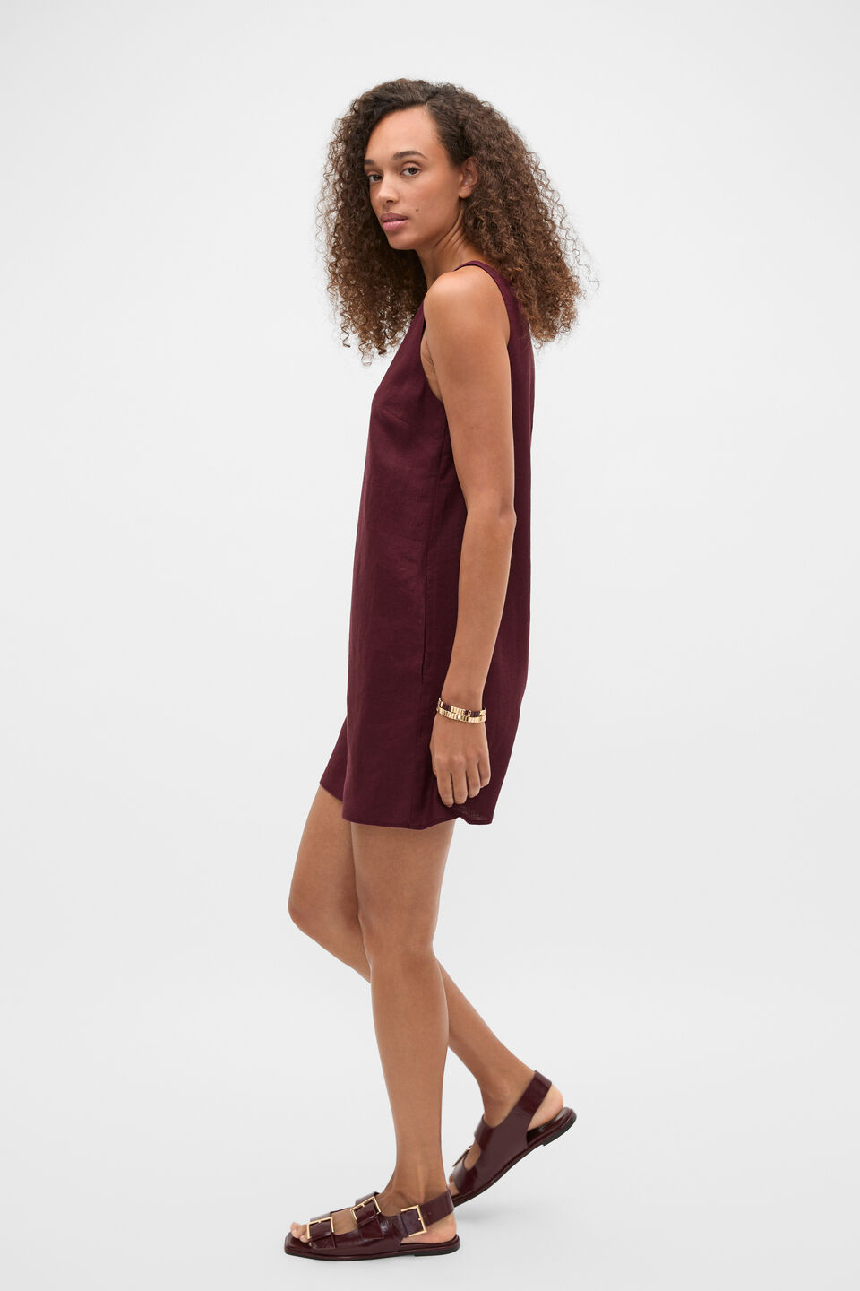 Linen Boat Neck Mini Dress  Plum Red