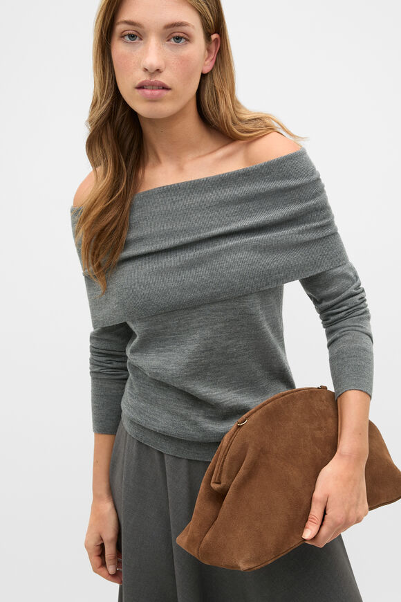 Off Shoulder Ruched Knit  Charcoal Grey Marle  hi-res