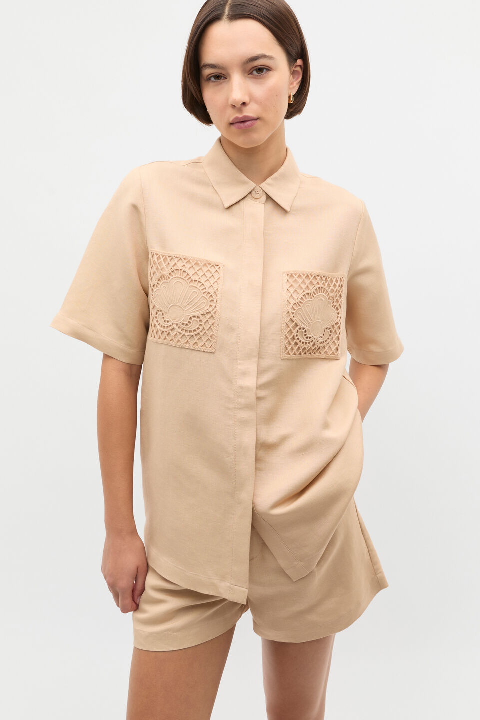 Crochet Pocket Shirt  Ecru