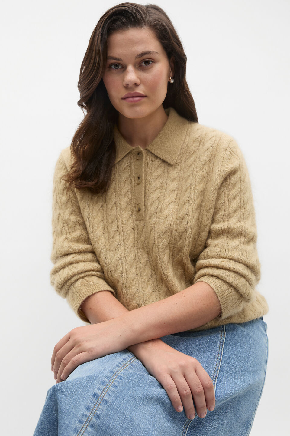 Cable Detail Knit Polo  Cashew Marle