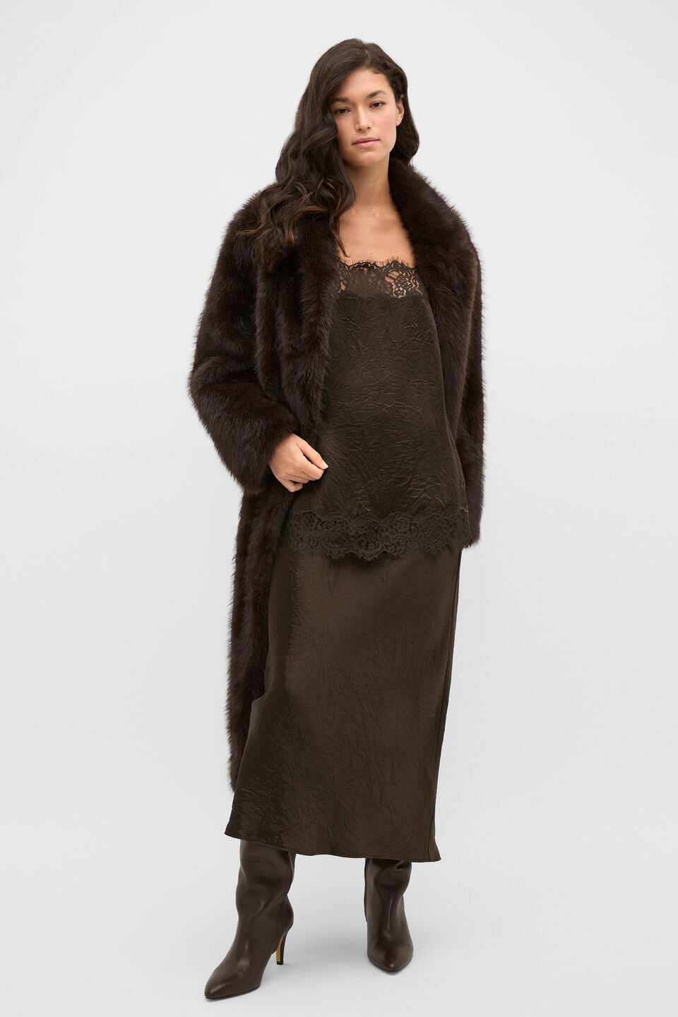 Crinkled Satin Lace Square Neck Cami  Coffee Bean