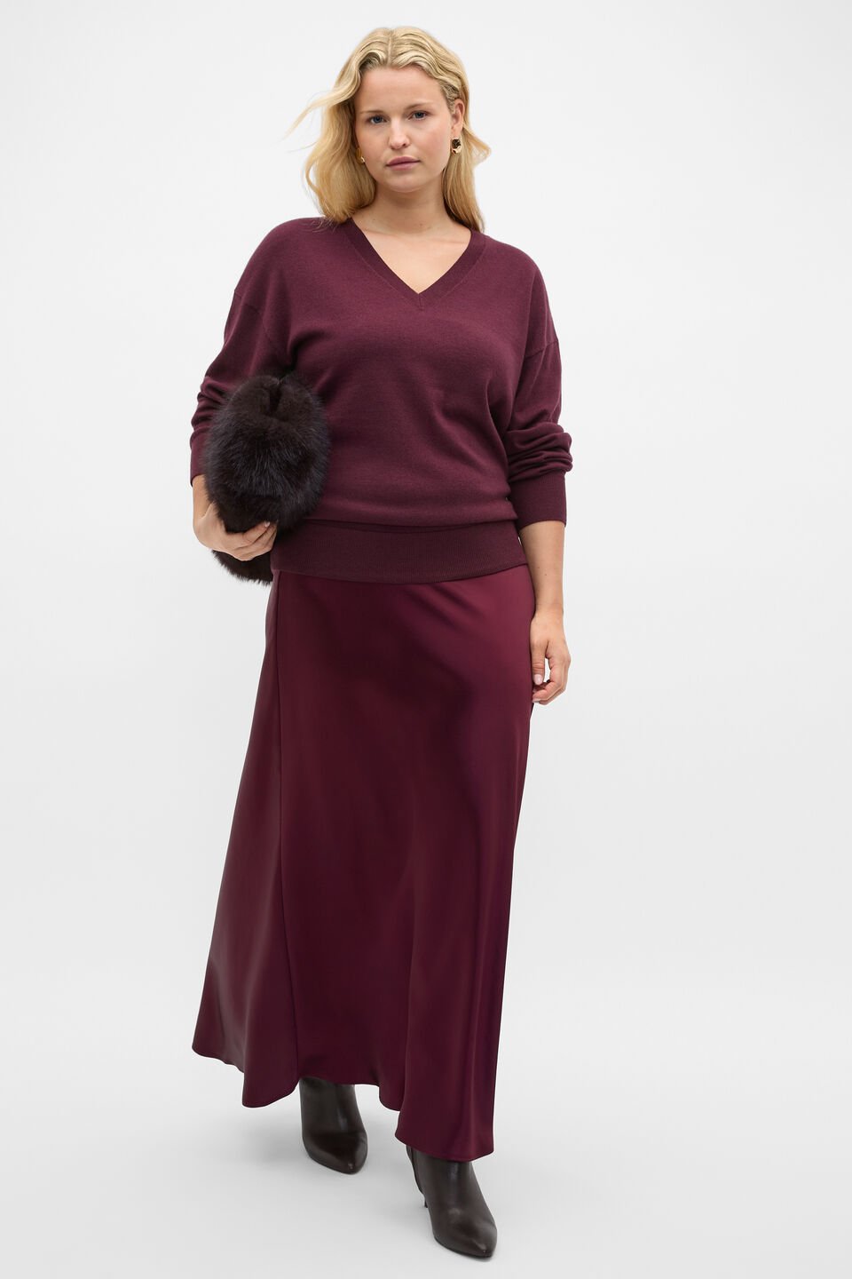 Satin Midi Skirt  Plum Red