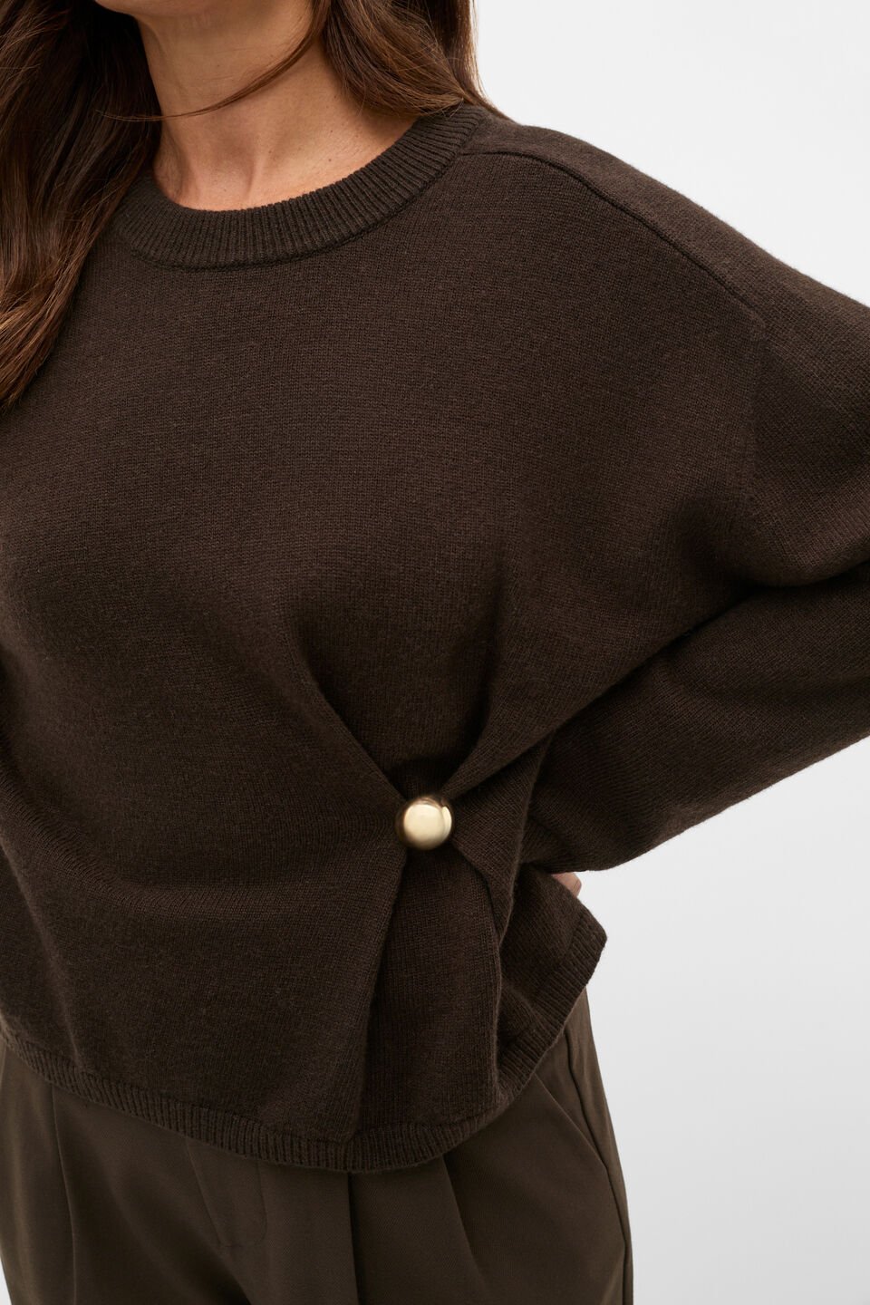 Clasp Detail Gathered Knit  Coffee Bean