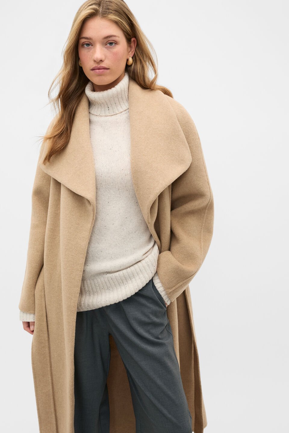 Wool Blend Waterfall Coat  Sandstone Marle
