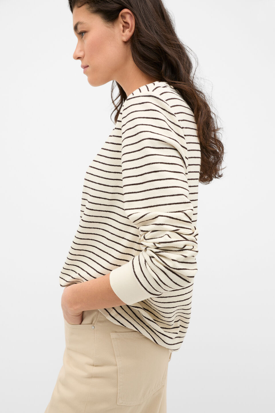 Textured Long Sleeve Relaxed Top  Coffee Bean Stripe