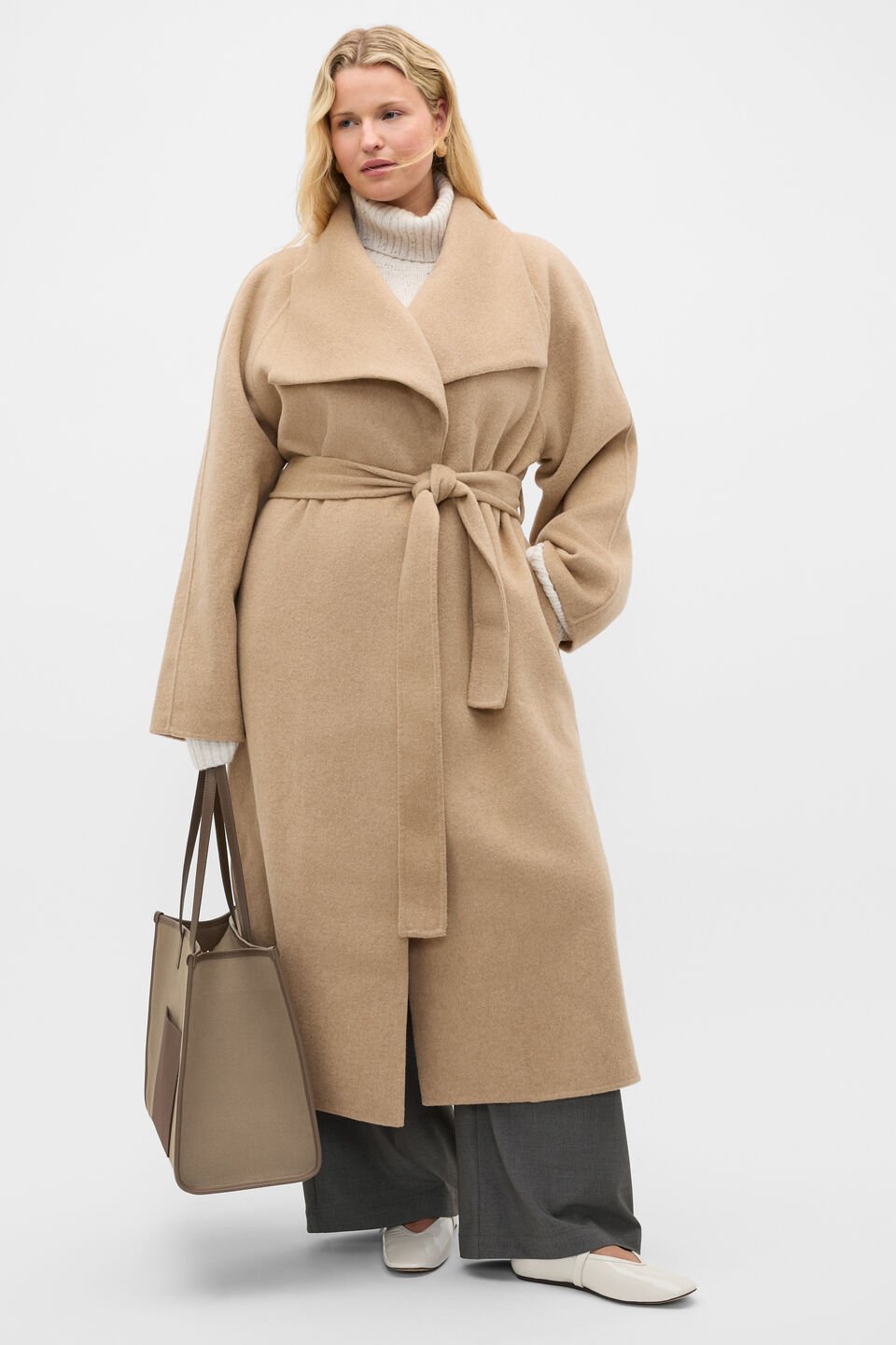 Wool Blend Waterfall Coat  Sandstone Marle