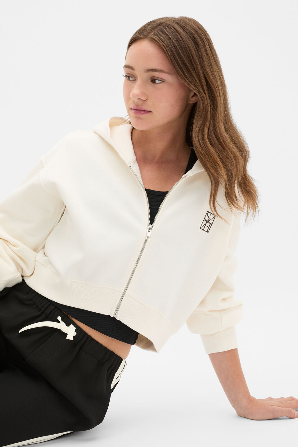 Logo Cropped Zip Hoodie  Classic Cream
