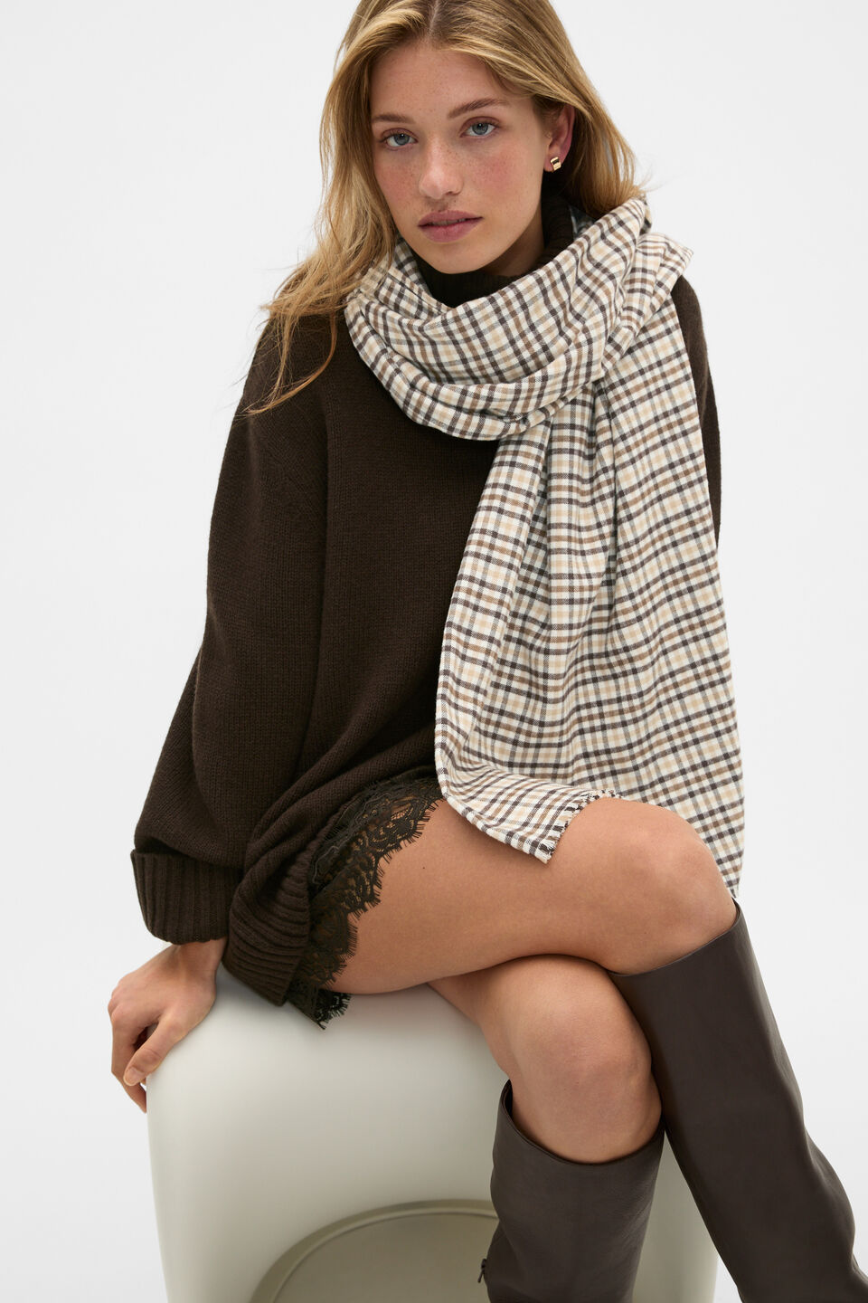 Multi Check Scarf  Cocoa