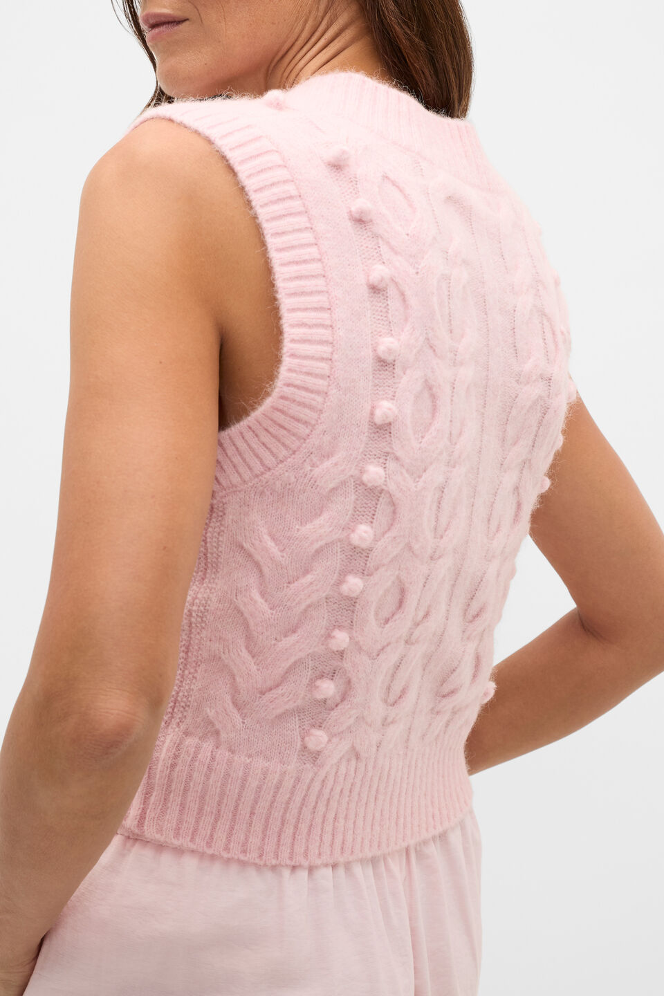 Pom Pom Cable Knit Vest  Pale Blossom Marle