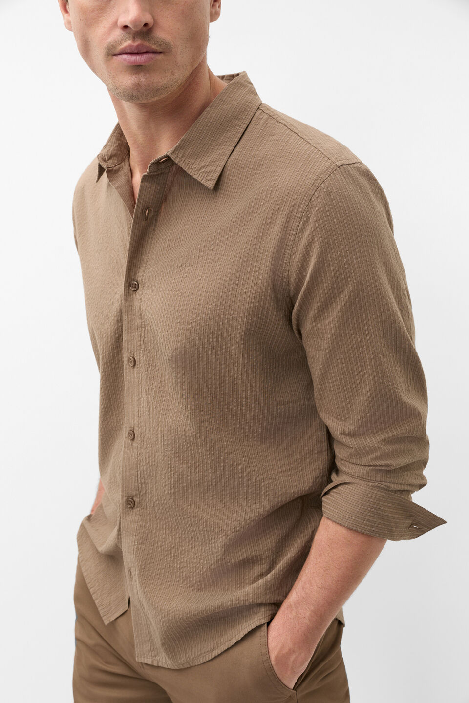 Seersucker Stripe Shirt  Coffee