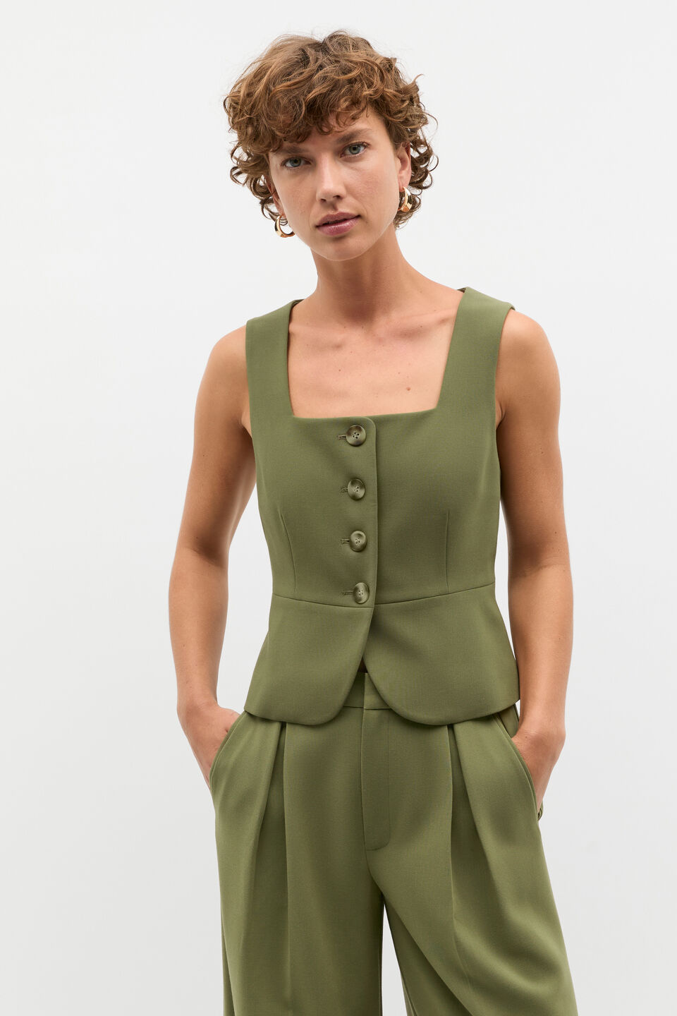 Waisted Button Down Suit Vest  Rainforest