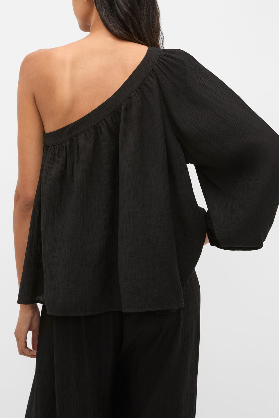 Plisse One Shoulder Top  Black