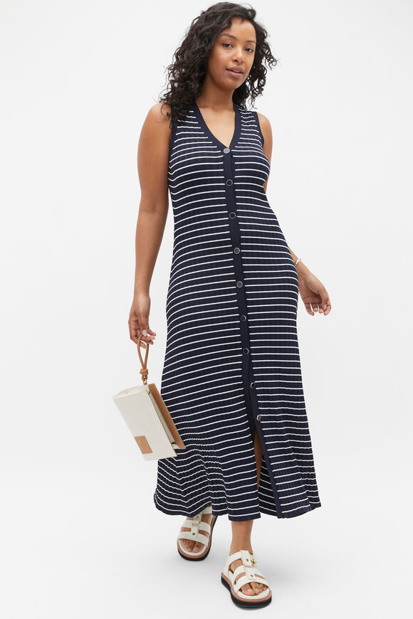 Stripe Rib Knit Button Midi Dress  Midnight Sky Stripe  hi-res