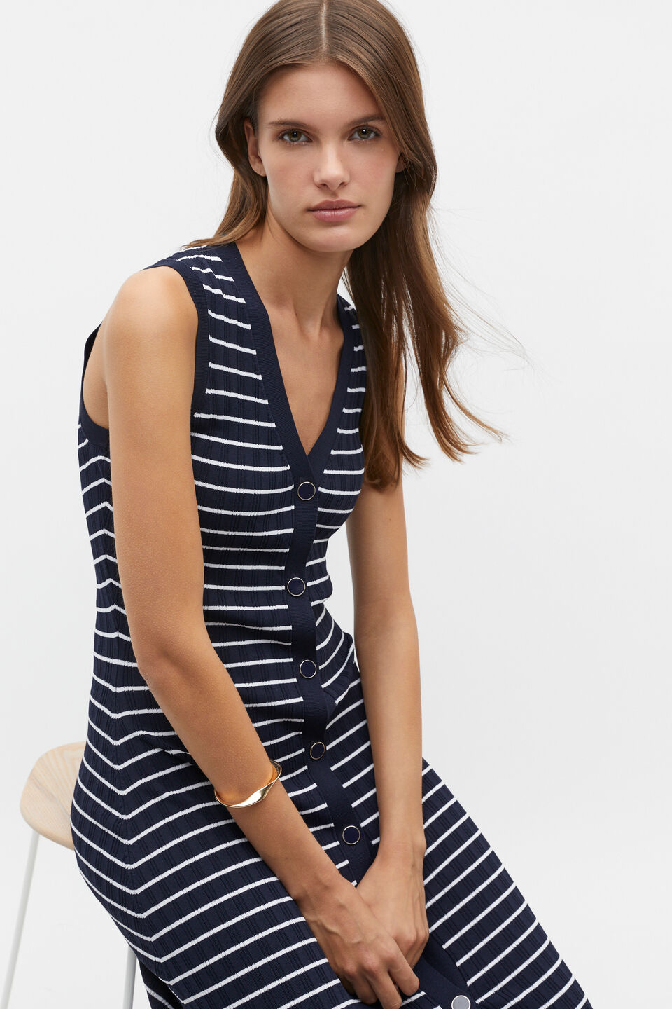 Stripe Rib Knit Button Midi Dress  Midnight Sky Stripe