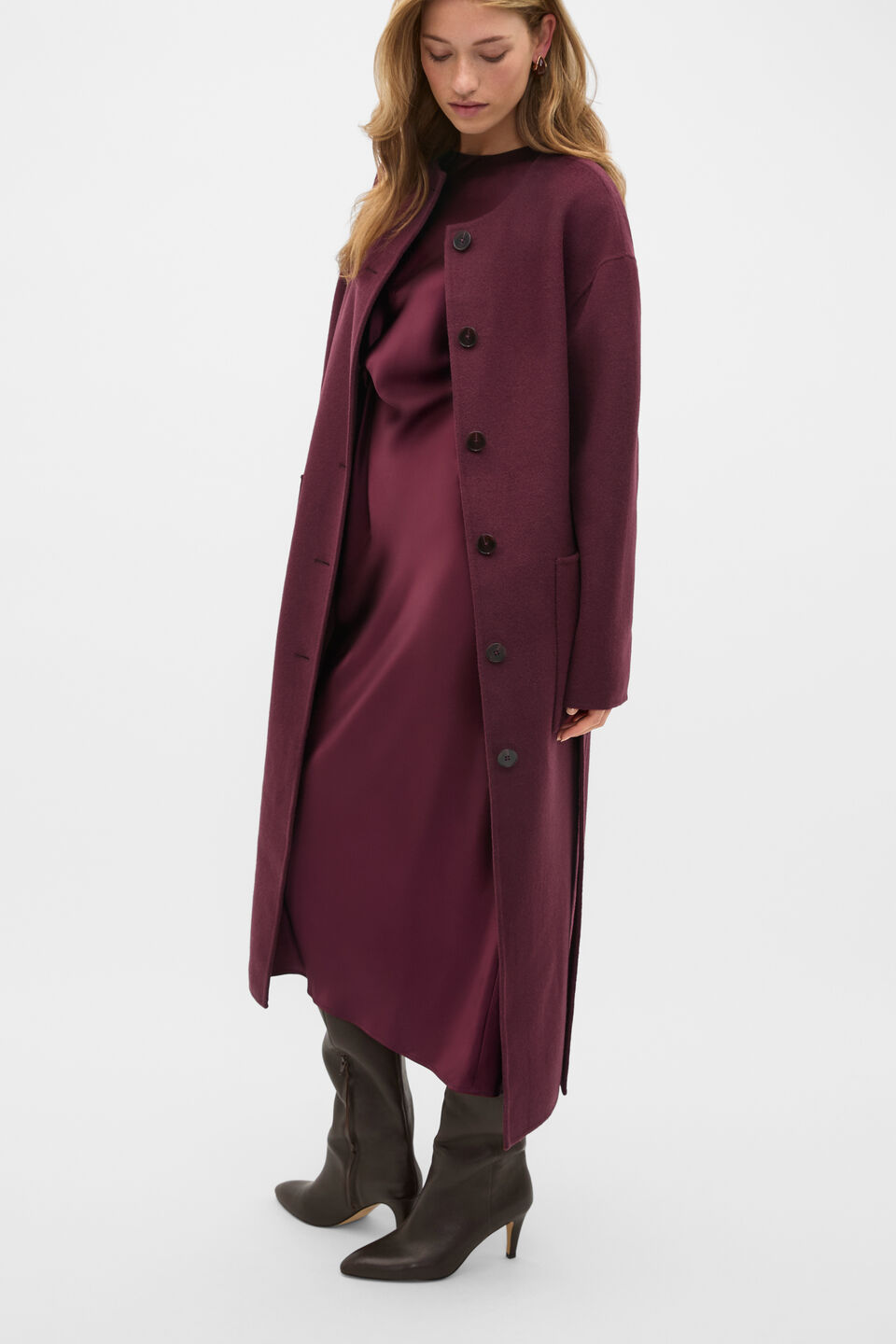 Satin Knot Front Dress  Plum Red