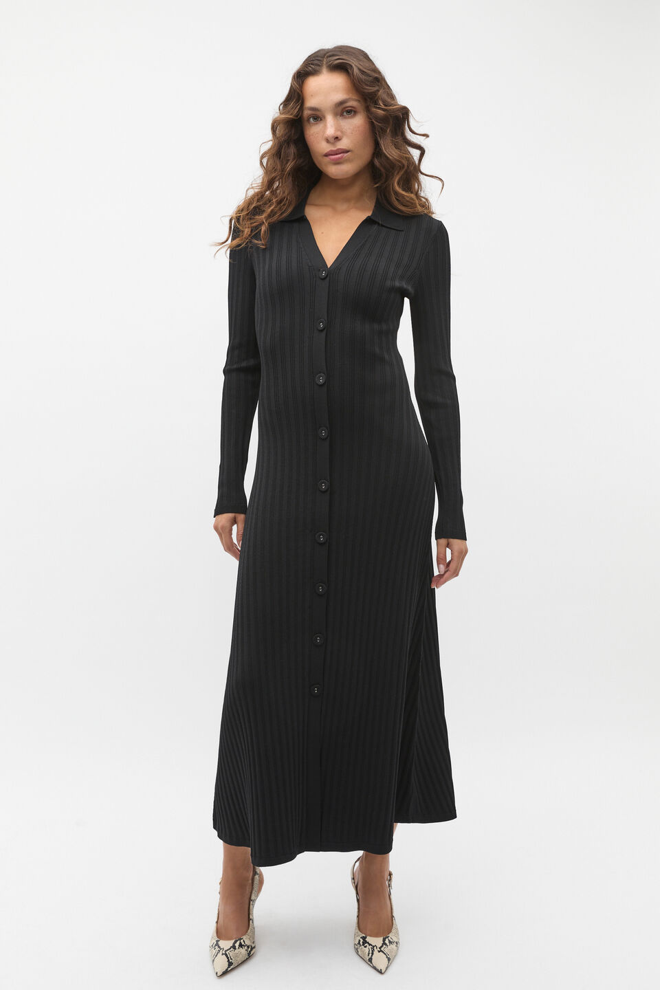 Crepe Ribbed Polo Midi Dress  Black