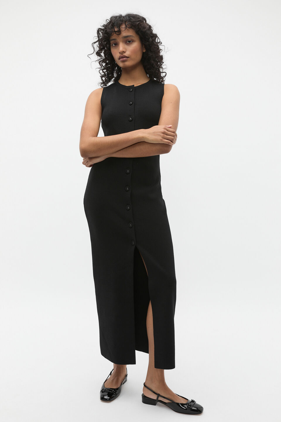 Crepe Button Midi Knit Dress  Black