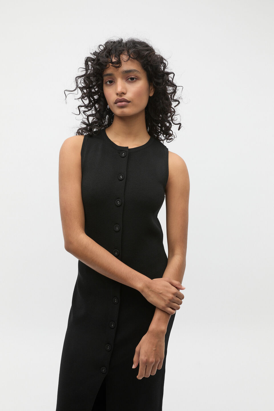 Crepe Button Midi Knit Dress  Black