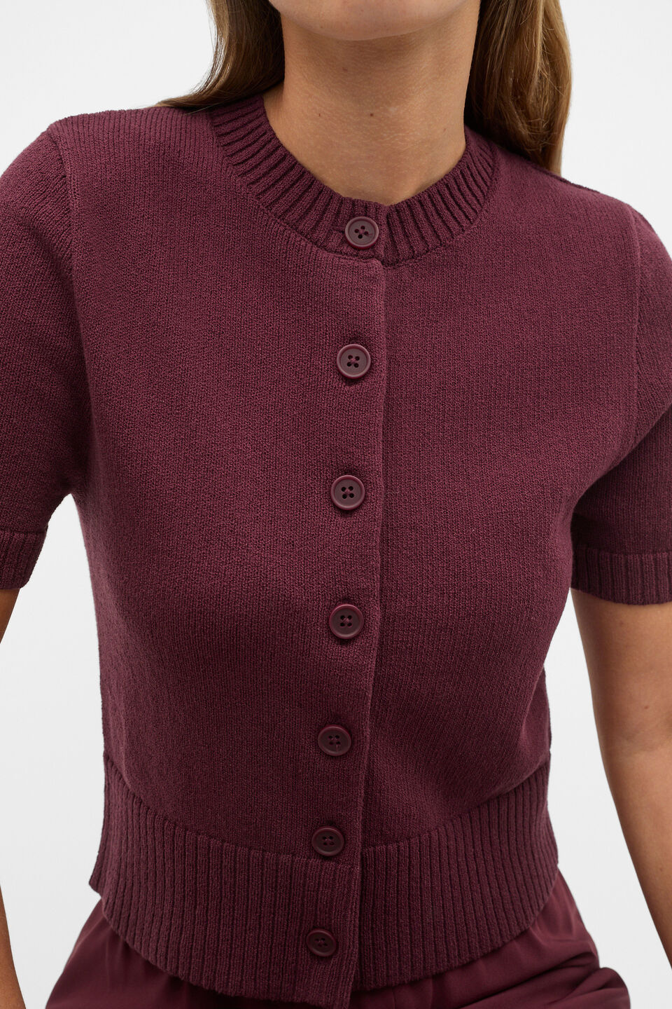 Textured Cotton Blend Cardigan  Plum Red