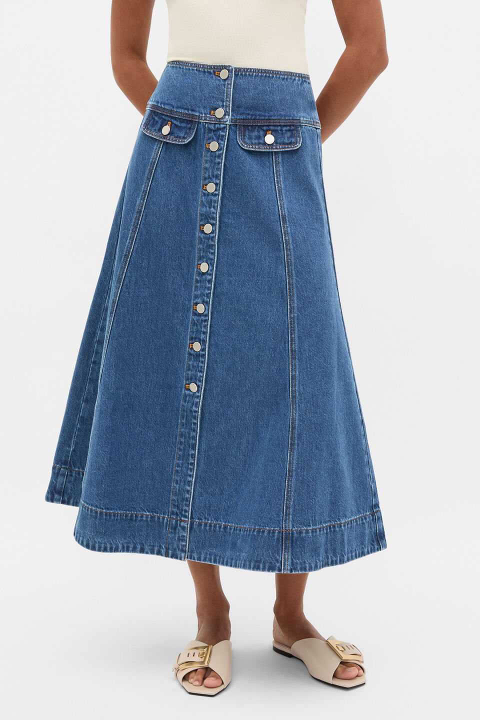 Denim Button Through Swing Skirt  Heritage Wash